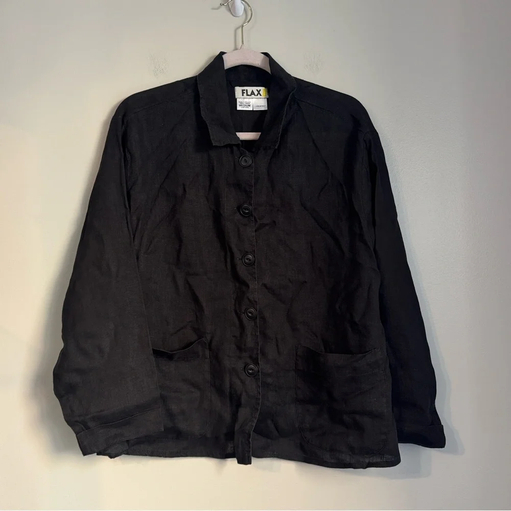 FLAX Black Linen Chore Jacket, M - Picture 5 of 5